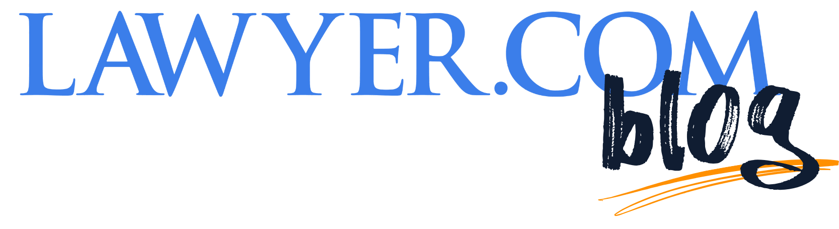 Logo with the text "LAWYER.COM" in large blue letters and the word "blog" in black handwritten style with orange swoosh underline.