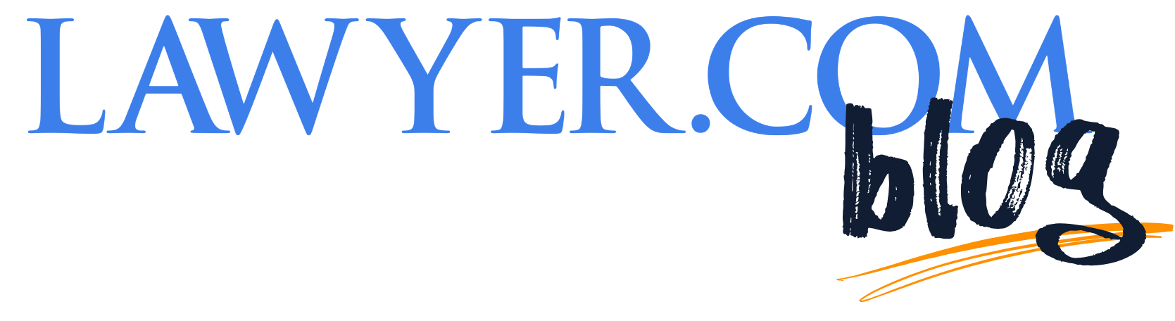 The image shows the "LAWYER.COM blog" logo in blue and black text, with two orange curved lines underneath the word "blog.