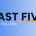 Text graphic with a blue gradient background. Large dark text reads "FAST FIVE" above smaller white text "WITH COLLEEN," with an orange swoosh underlining the word "FIVE.