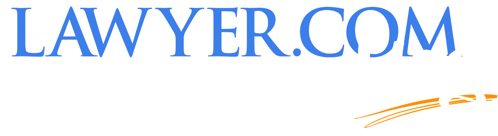 Blue text reads "LAWYER.COM" with the word "blog" in white script overlapping the letters "C" and "O." An orange curved underline appears below "blog" on a light gray background.