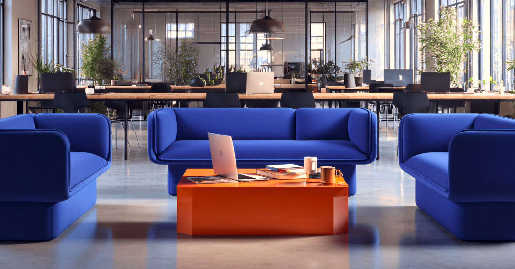 Modern office space with blue sofas around an orange coffee table holding a laptop, books, and mugs. Large windows, plants, and desks with computers are visible in the background.